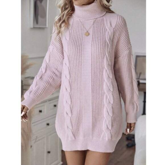 Casual Turtleneck Cable Knit Sweater Dress Baby Pink - Picture 5 of 6
